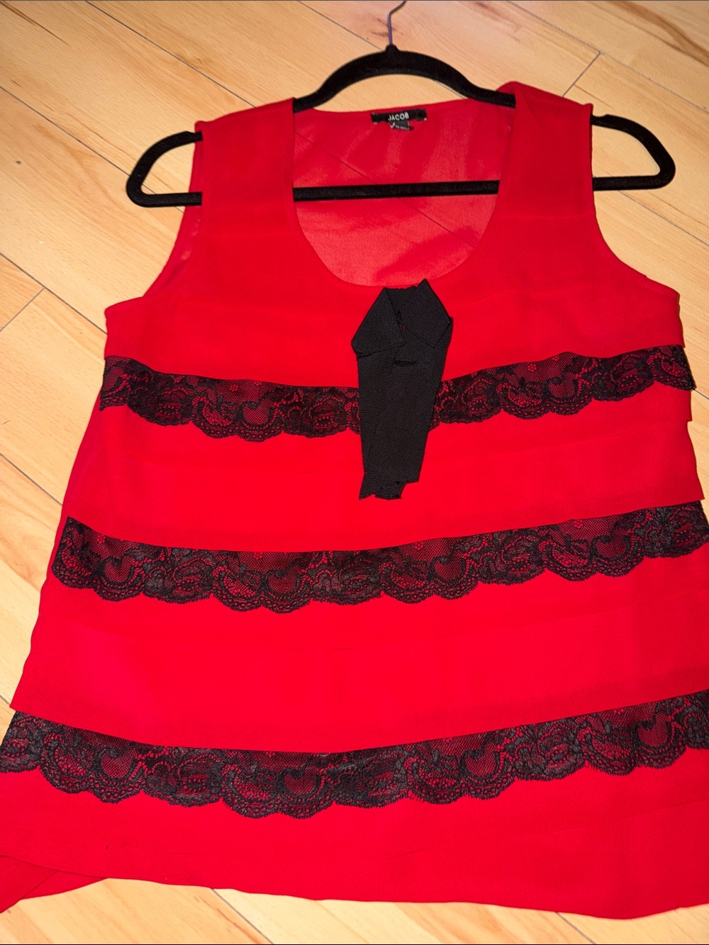 Jacob Red Sleeveless Dress top with Black Lace Stripes